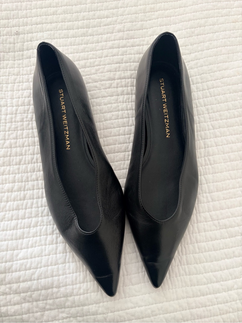 Stuart Weitzman Black Pointed-Toe Leather Flats
